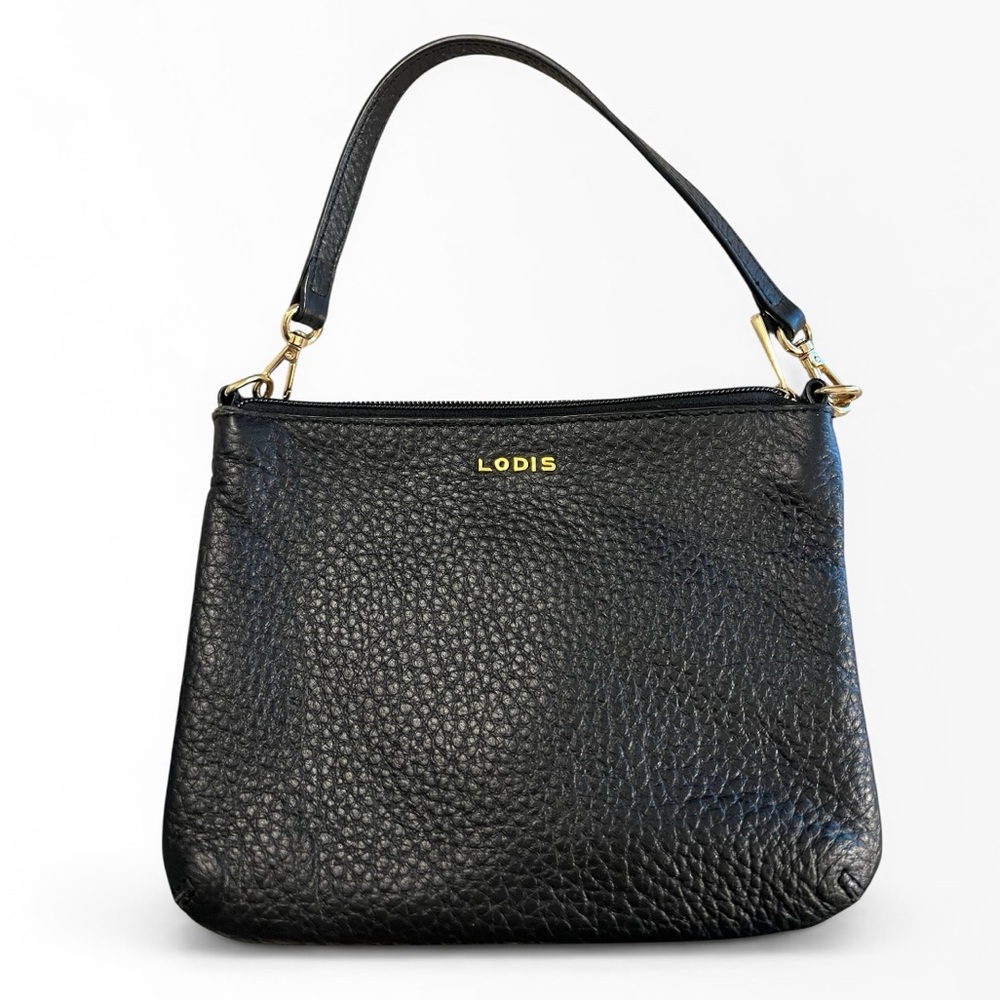 Lodis Black Pebbled Leather Convertible Shoulder Bag Wristlet with Gold Accents